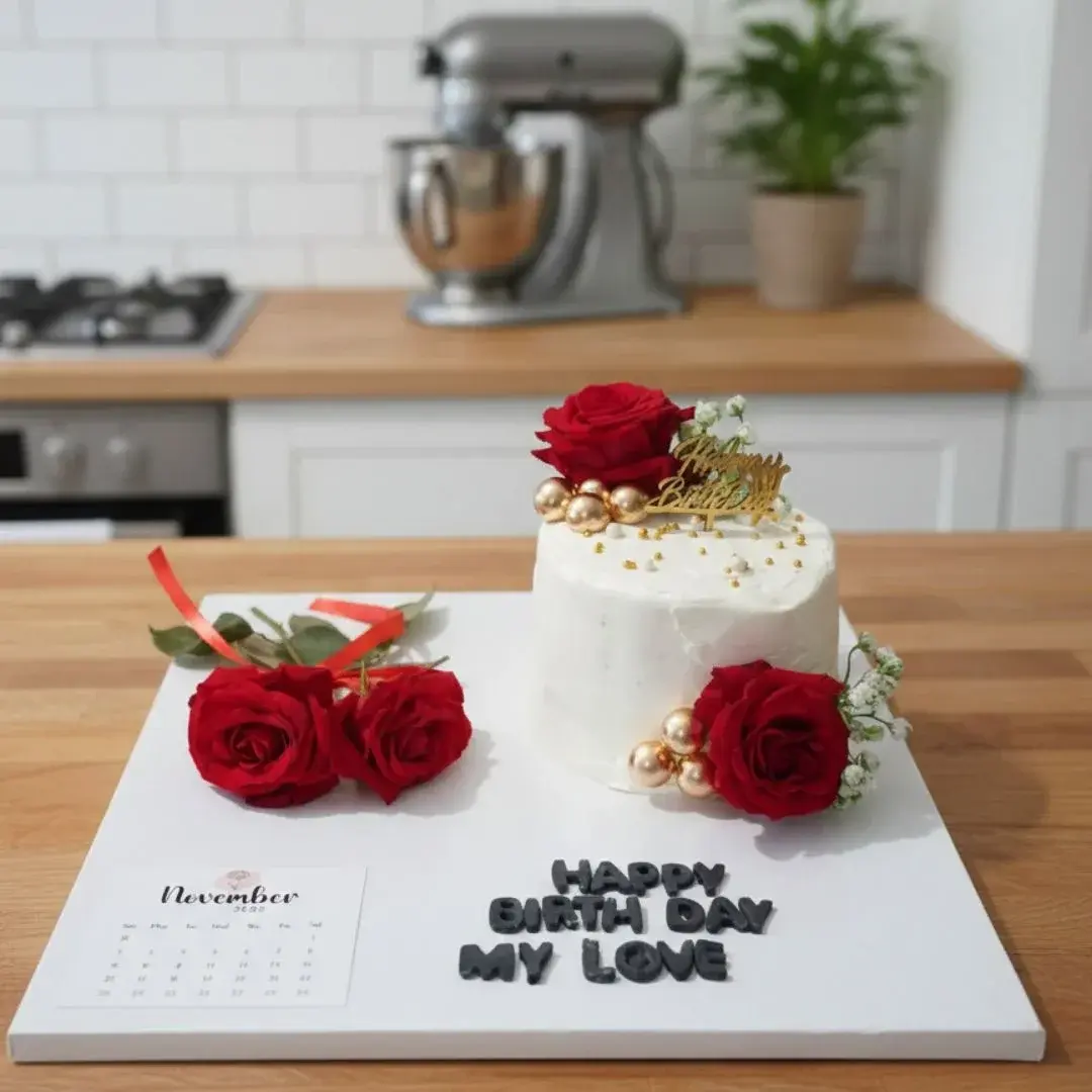 Personalized Birthday Cake Display Board With Red Roses